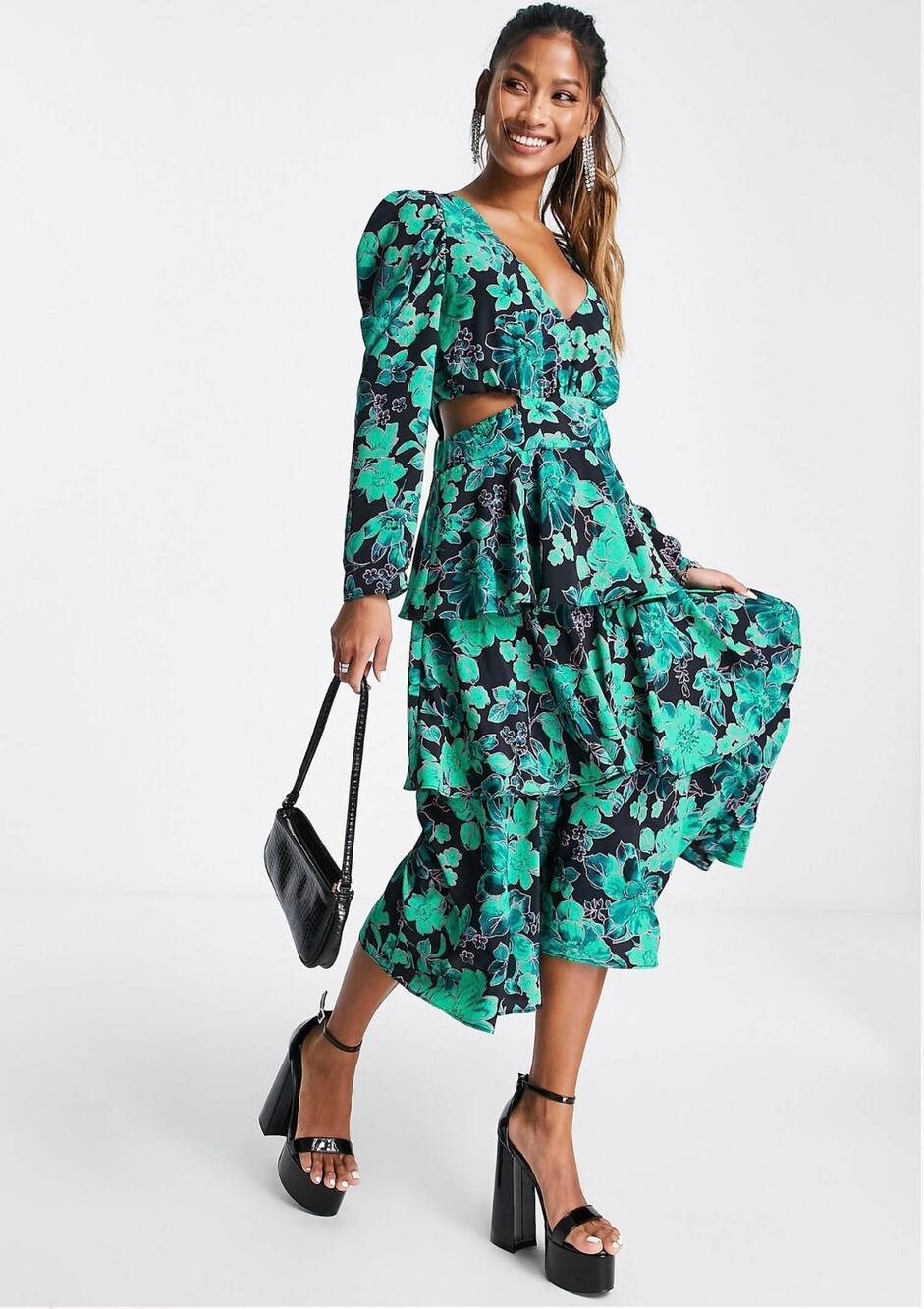 Topshop Green Black Floral V-neck Cutout Tiered Long Sleeve Midi A-line Dress 12